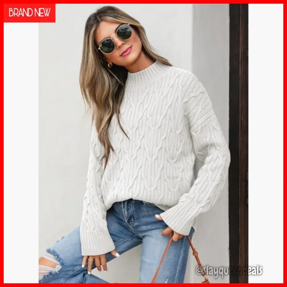 Oversized Cable Knit Mock Turtle Neck Sweater Tunic Pullover